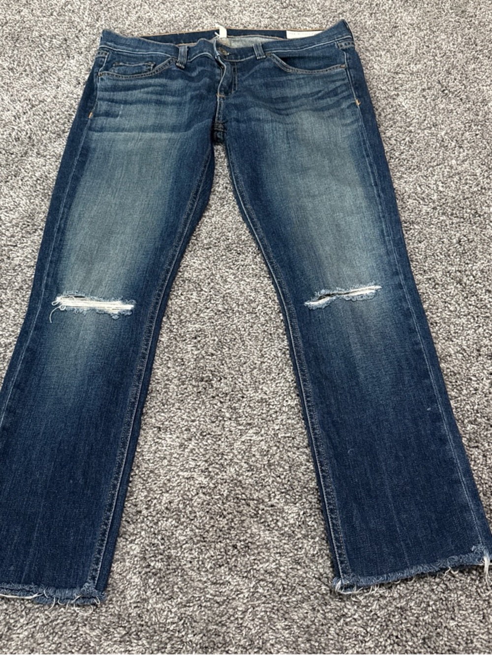 rag & bone Women's Dark Blue Straight-Leg Jeans with Knee Rips